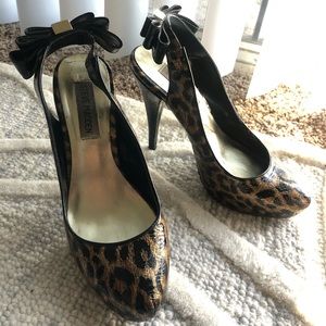Patent leopard high heel pumps